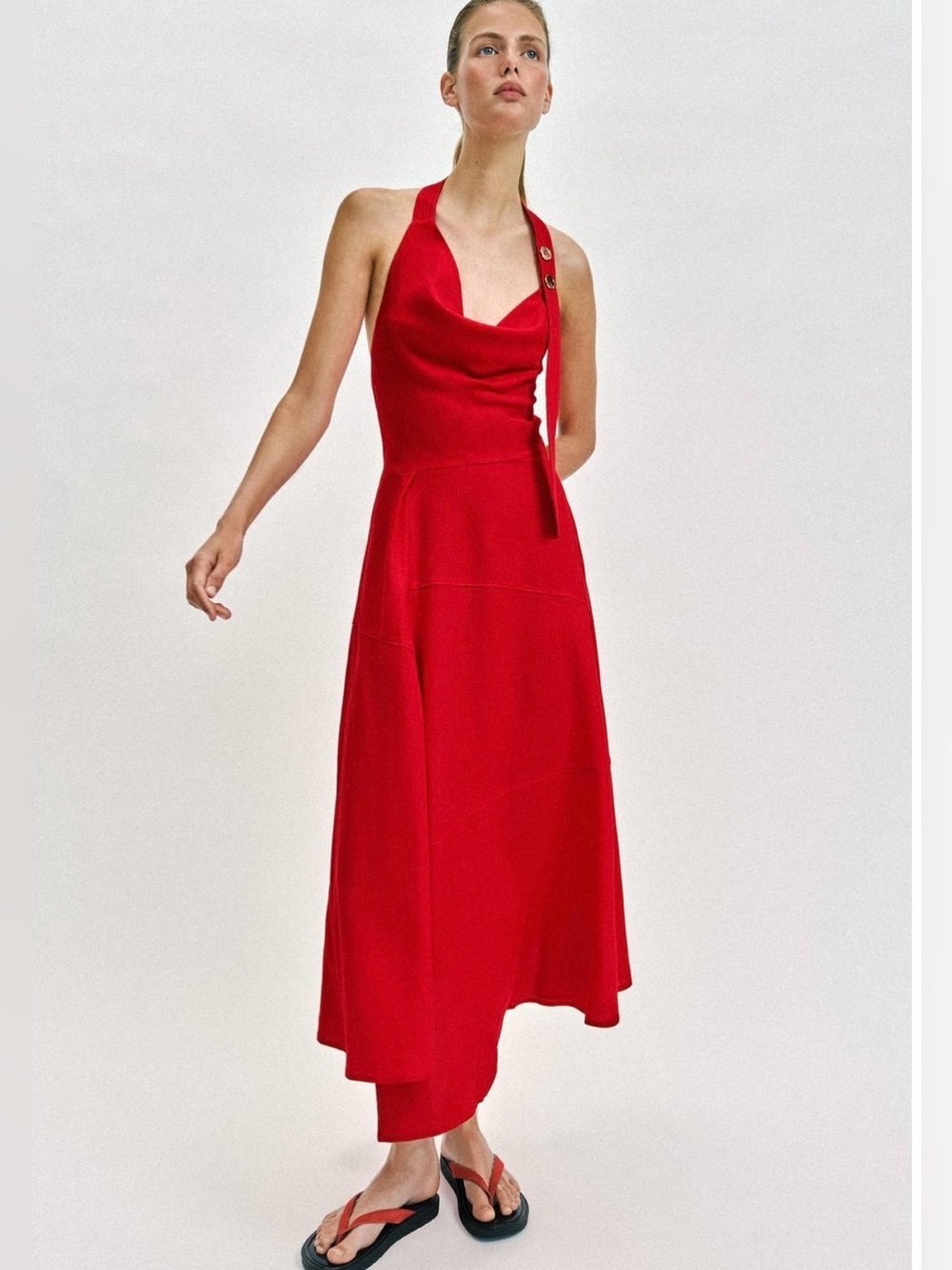 Red Halter Cowl Neck Midi Dress